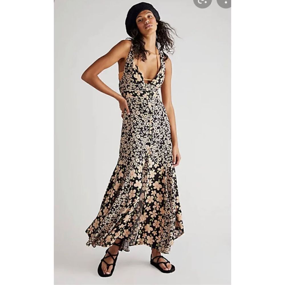 NEW FREE PEOPLE BLACK FLORAL DEWBERRY MAXI DRESS SIZE LARGE